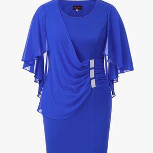 HannaNikole Chiffon Ruffle Flattering Cape Sleeve Bodycon Pencil Dress (blue, L)